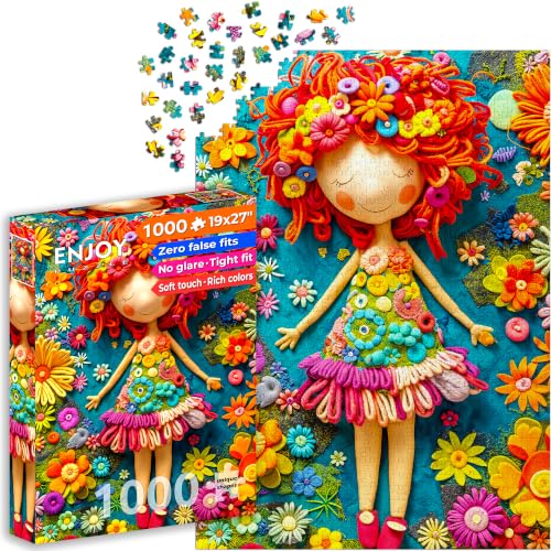 Puzzle 1000 pièces pour Adultes - Adorable poupée en Laine tricotée et Fleurs | Finition Mate antireflet | Puzzle Amusant et exigeant | 68 x 48 cm | Cadeau Original | Enjoy