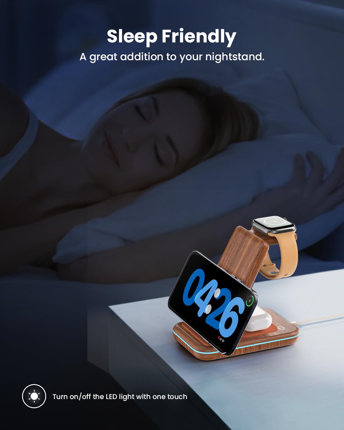 JoyGeek Caricabatterie wireless 3 in 1 pieghevole per i Phone 16/15/14/13/12/11/X, stazione di ricarica induttiva per iWatch 10/9/Ultra/SE/8/7/6/5/4, per Air Pods 4/2/3/Pro, Wood Grain