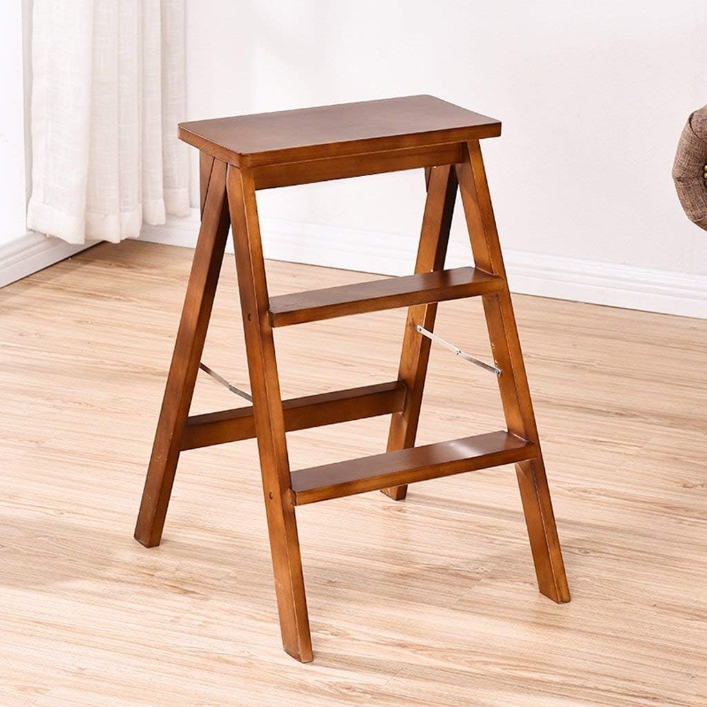 2 Step Ladder Solid Wood Folding Ladder Portable Household Kitchen Cutting Table Stool Chair bar Stool (Color : Walnut, Size : 42 * 48 * 64cm)