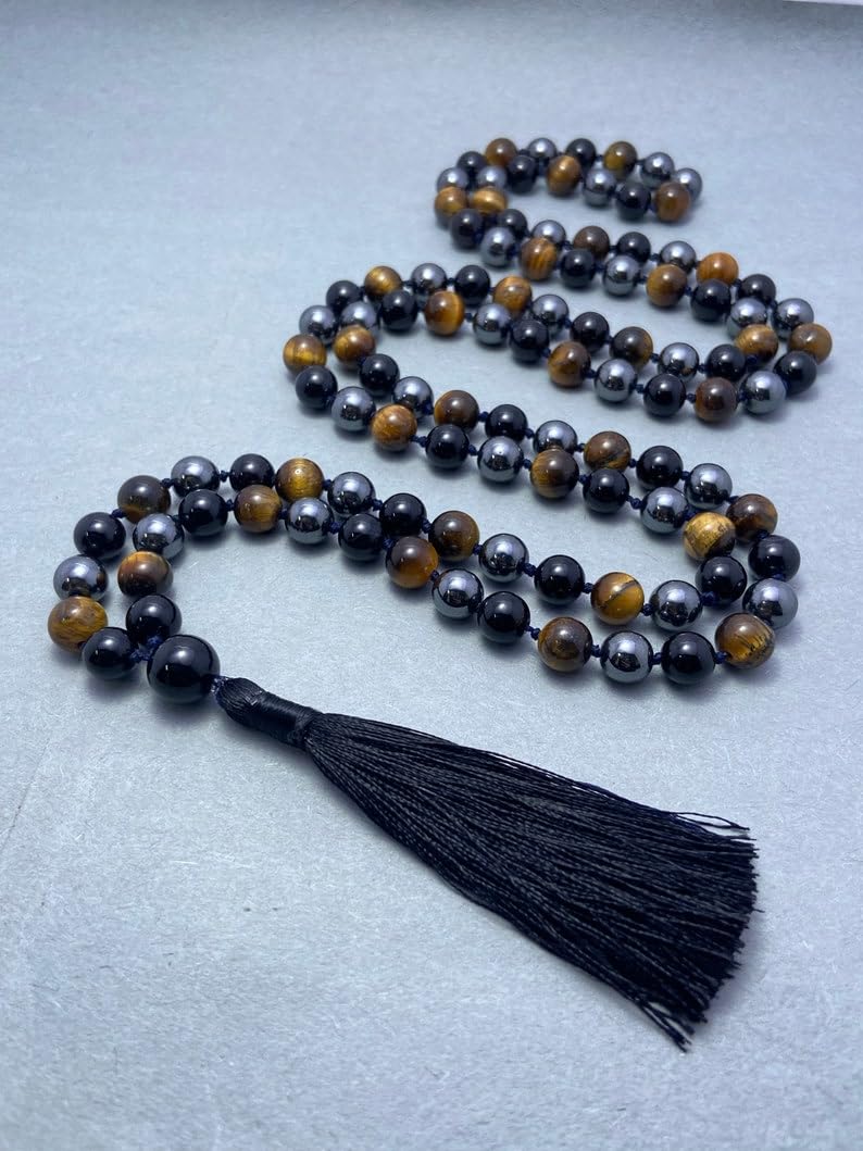 Naturalny hematyt, onyks i tygrysie oko, 8 mm, 108 koralików mala, duchowe, koraliki medytacyjne, Reiki, Japa Mala, buddyjskie koraliki modlitewne, bransoletka do jogi, koraliki lecznicze