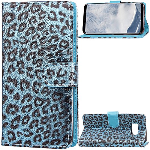 QFUN Leopard Print Wallet Case for Samsung Galaxy S8, Fashion Design Double Magnetic Stand Leather Phone Case Drop Protection Protective Case Bumper Flip Cover and Screen Protector,Blue