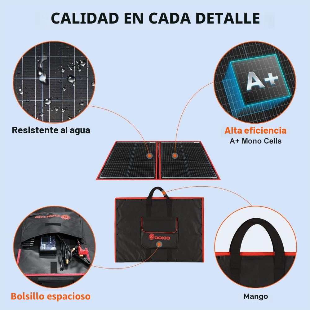 DOKIO Panel Solar PLEGABLE 100w 12v monocristalino portátil, impermeable, ideal para la energía solar al aire libre, embarcaciones, camping, caravanas o autocaravanas
