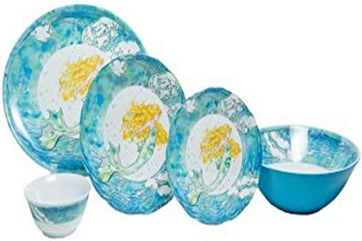 Galleyware Mermaid 14-Piece Melamine Dinnerware Set, Service for 4 with Serving Bowl and Platter
