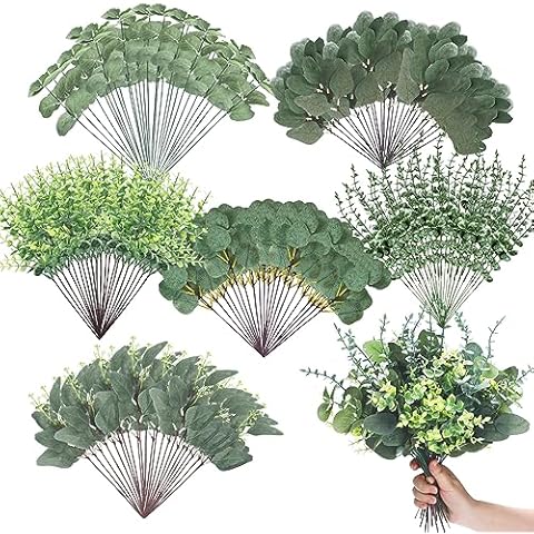 Ceenna 300 Pcs 6 Kinds Mixed Eucalyptus Leaves Stems Bulk Artificial Eucalyptus Leaves Sprays Silver Dollar Eucalyptus Faux Greenery Picks Bundle for Wedding Vase Floral Arrangement Decor Cover