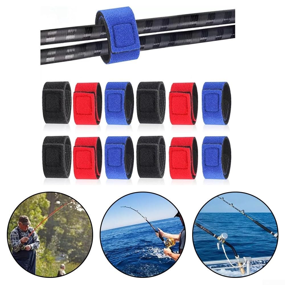 12-Pack Fishing Rod Straps – Elastic Tackle Ties In 6 Colors – High Stretch SBR For Rods, Poles, Arrows & More