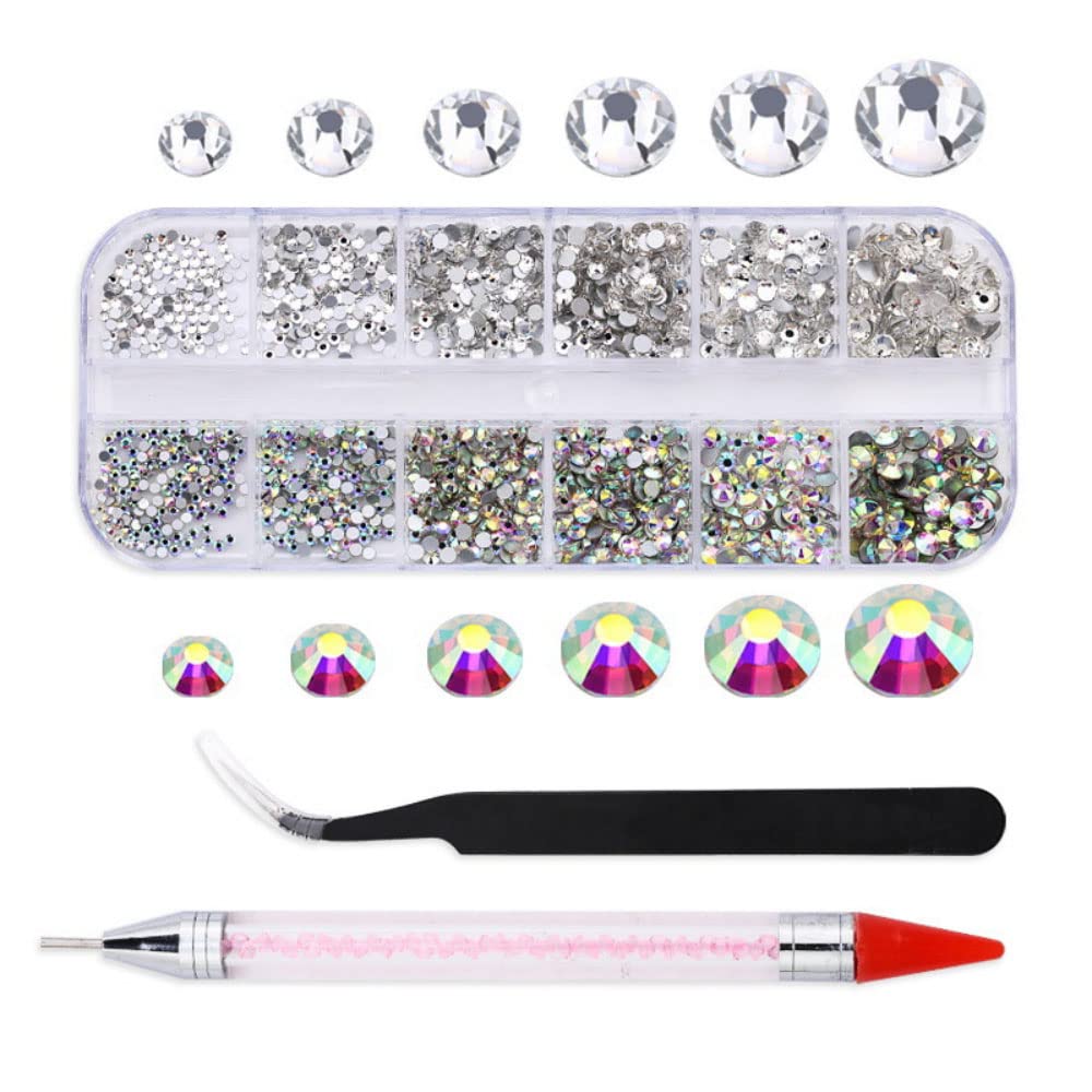 ELEPHANTBOAT® Flat Back Nail Art Kit,AB Crystal Rhinestones and Clear Crystal Rhinestones with Pick Up Tweezer and Picker Dotting Pen,1500 PCS and 6 Sizes-image-31