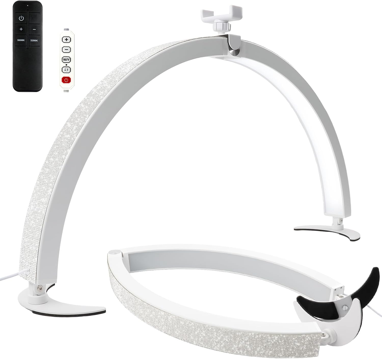 bqan half moon light for nail desk, 29" 40w professional nails table tech lamp with phone holder & controller & remote, rhinestone lash light for eyelash tech, makeup, tattoo, spa, salon (white)