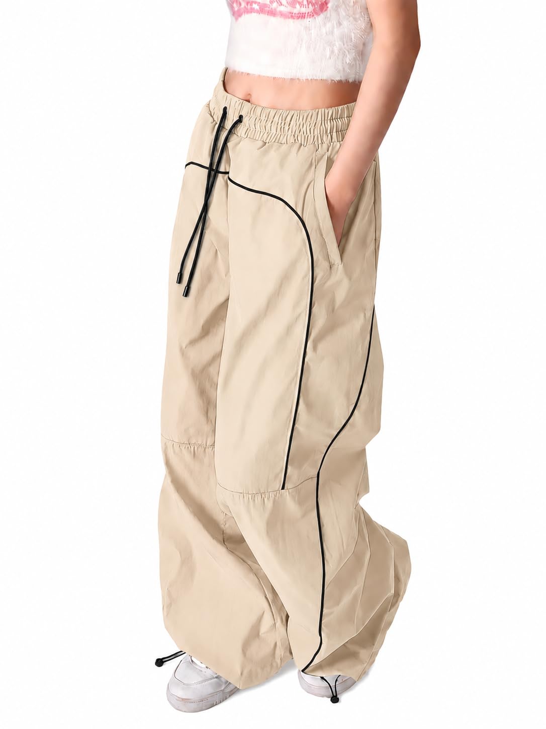 Girls Parachute Pants, Beige Wide Leg with Drawstring Waist | Elastic Waistband, Black Contrast Piping, Baggy Fit, Side Pockets, Casual Streetwear-image-39