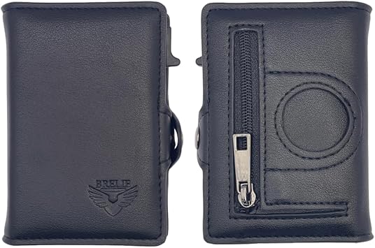 Men's RFID Blocking Leather Wallet- Pop Up Metal Card Holder- Stores Up to 12 Cards- Minimalist Design- Location Tag Holder- Zip Pocket- Coin Pouch- Black