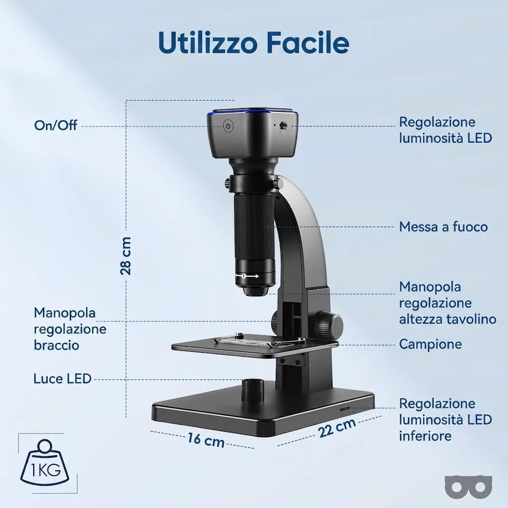 Microscopio Digitale | Ingrandimento 50x-2000x | Wi-Fi e USB | Fotocamera 5 MP e 12 MP | 11 Luci LED | Batteria Ricaricabile | E-Book Microscopia Adulti Incluso