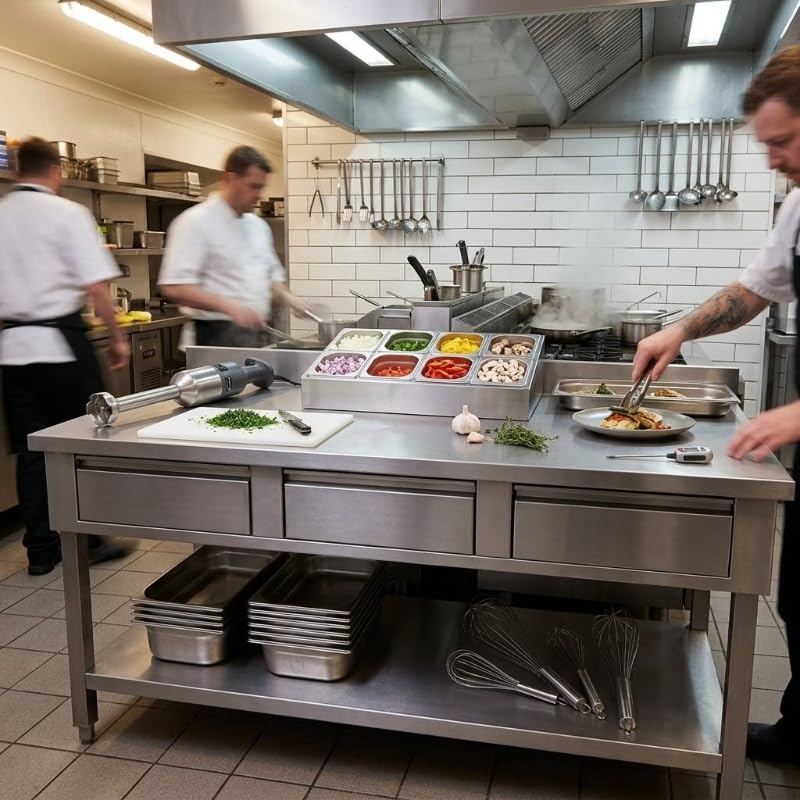 Générique Tavolo in acciaio inox professionale appoggiato 1800 x 700 mm con 3 cassetti e ripiano basso