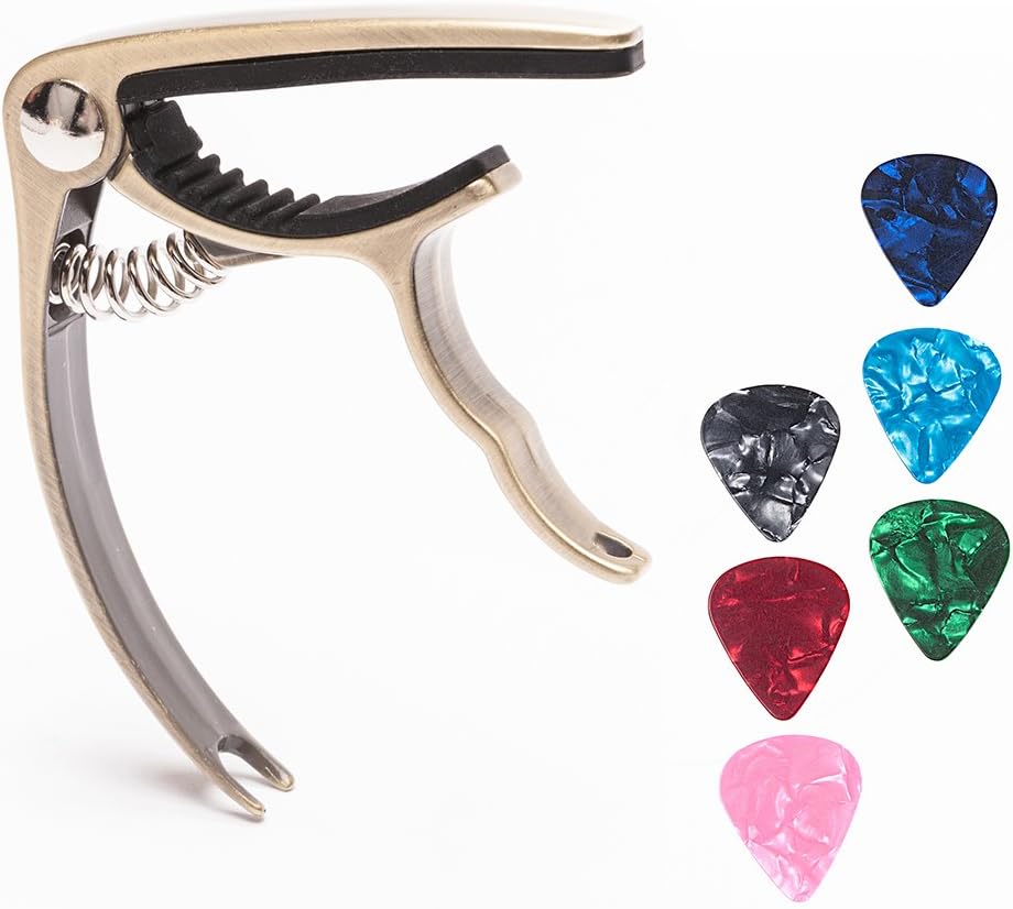 Guitar Capo with 6 Free Picks for Ukulele Acoustic and Electric Guitars, Quick Change Ukulele & Banjo Capos(Gold)