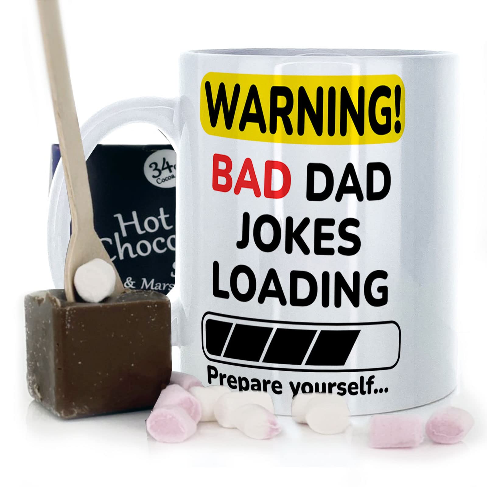 Hairyworm Humour Mug, Bad Dad Jokes Loading Mug and Belgian Milk Chocolate/Hot Chocolate Stirrer Marshmallow Gift Set, (11oz) White, Yellow, Blue, Black, Pink Mug Dad Mug, Father's Day Mug โ image 1