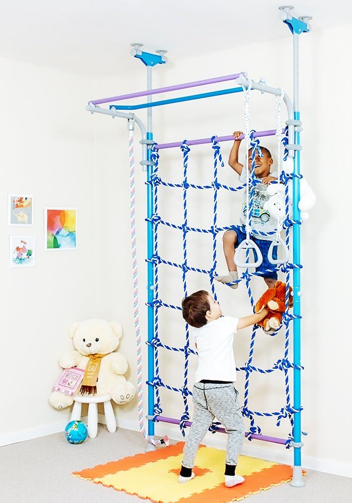 Kids Playground Play Set for Floor & Ceiling / Indoor Training Gym Sport Set with Accessories Equipment: Climber, Gymnastic Swing Rings, Climbing Rope / Home, School, Playroom