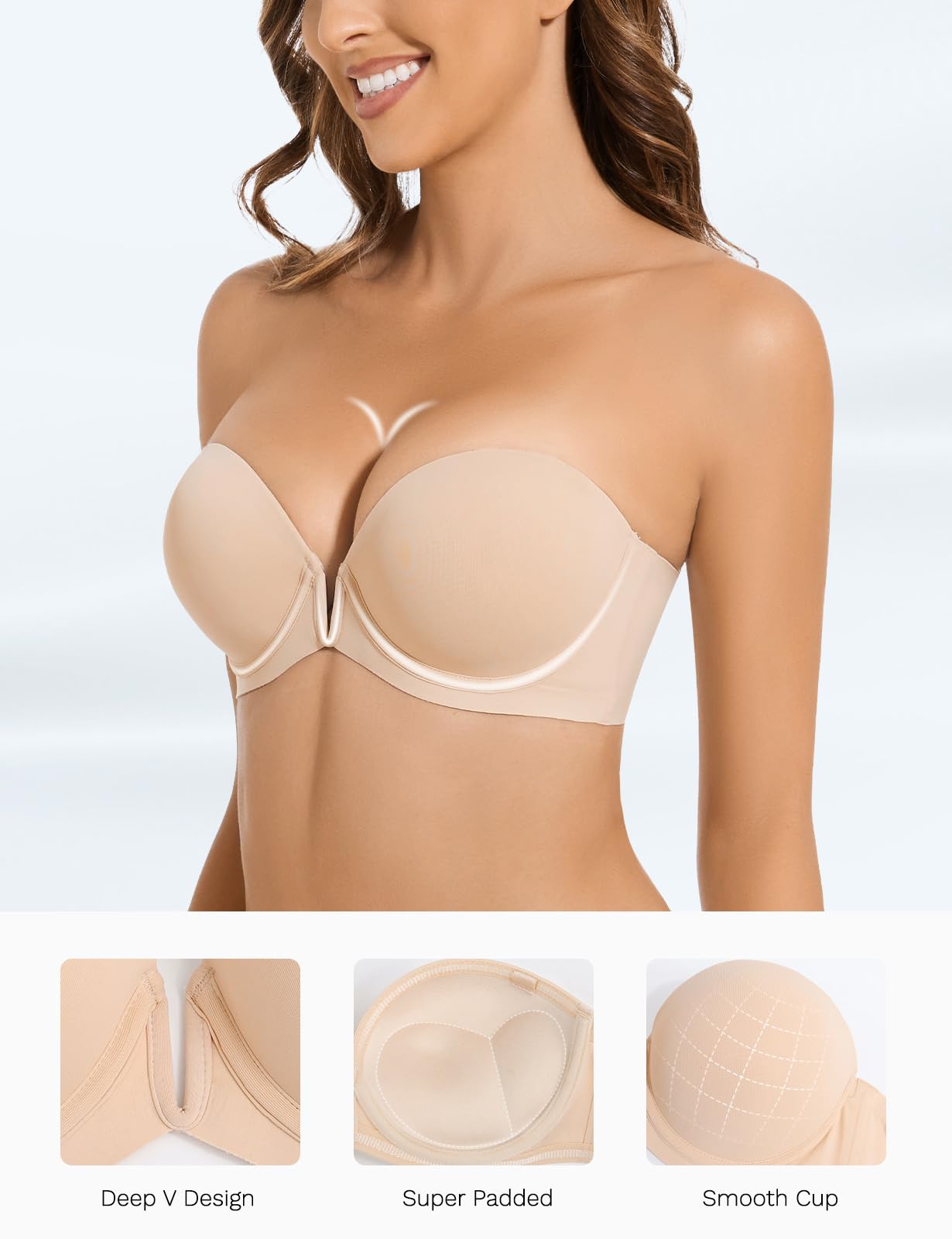 Upushall - Reggiseno senza spalline push up antiscivolo, scollo a V profondo, con ferretto, super imbottito, aggiunge 1 taglia di coppa | Ferretto, super imbottito, aggiungere 1 tazza