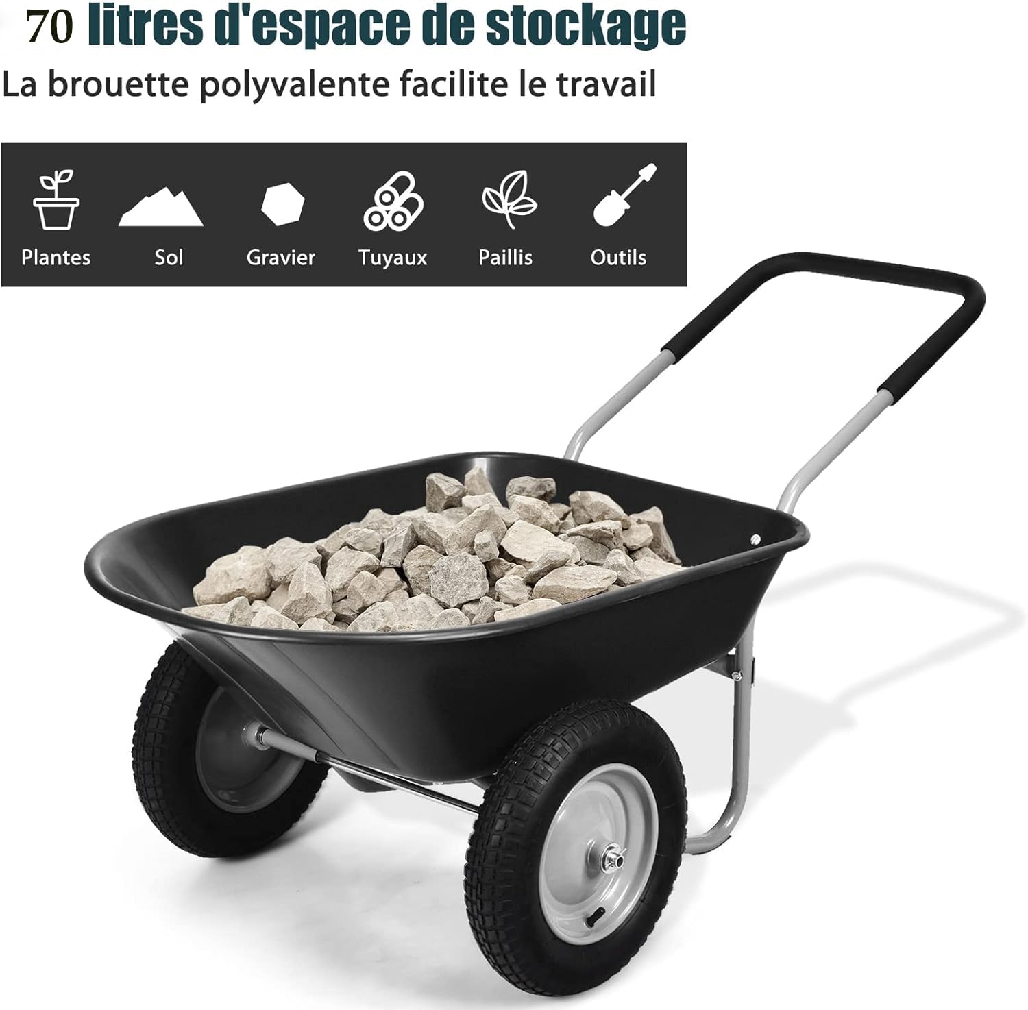 RELAX4LIFE Chariots de Jardin avec Cadre en Fer et Conteneur de 70 L, Brouette de Jardin avec Poignée en Caoutchouc et Roues Gonflables, Chariot, Capacité Max 100 KG pour Jardins/Fermes (Noir)