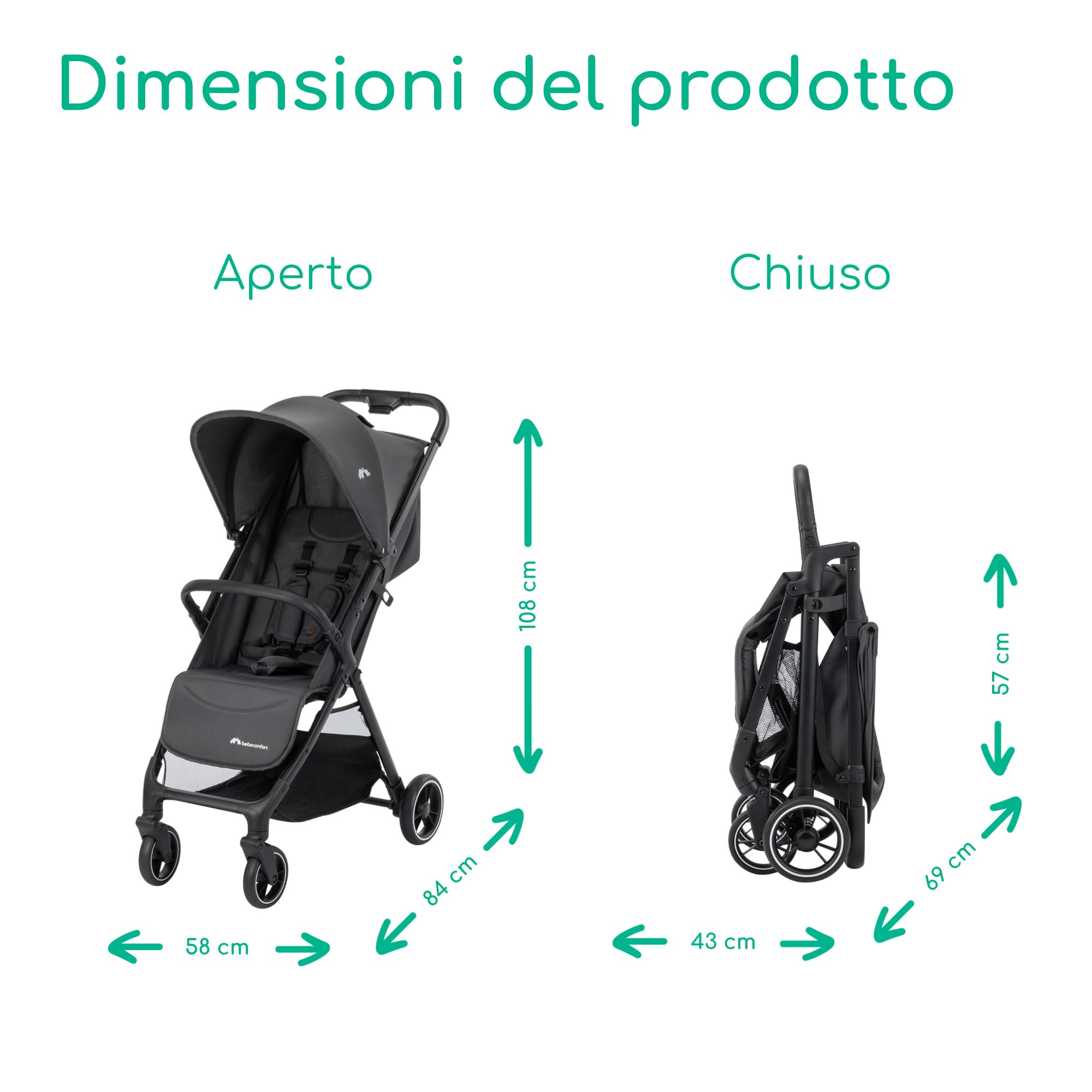 Bebeconfort Azur Duo 2in1 + Seggiolino i-Size, Mineral Graphite | 0-3 anni (15 kg), Passeggino Compatto, Reclinabile Fino a Posizione Sdraiata, Chiusura Automatica a Una Mano