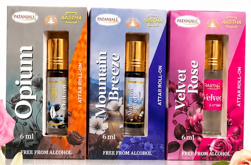 Patanjali Attar/Irta/Eetra ROLL-ON -Pack of 3 -Rose, Opium & Mountain Breeze (Attar, Fragrance Sets, Eau de Cologne)-image-0