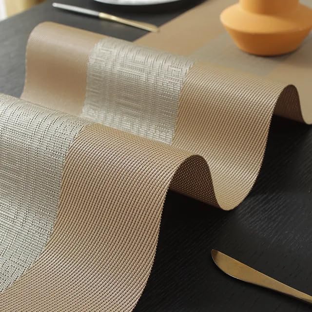Image of YELONA Placemats and Table Runner Set - Heat Resistant, Non-Slip & Washable PVC Vinyl Dining Table Mats - Peanut Brown (6 Placemats: 45x30 cm, 1 Runner: 180x30 cm)