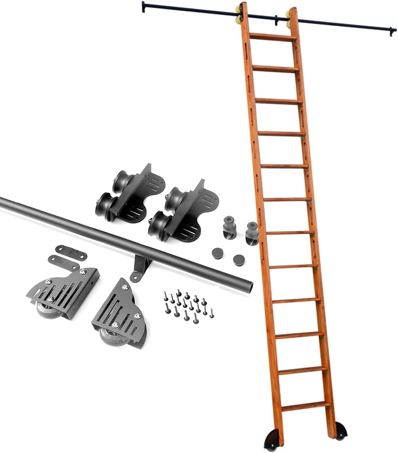 Heavy-Duty Rolling Library Ladder Hardware Kit, 3.3ft-20ft Black Steel Sliding Rail Track with Floor Rollers, for Bookshelves & Warehouses (16ft/500cm Track kit)
