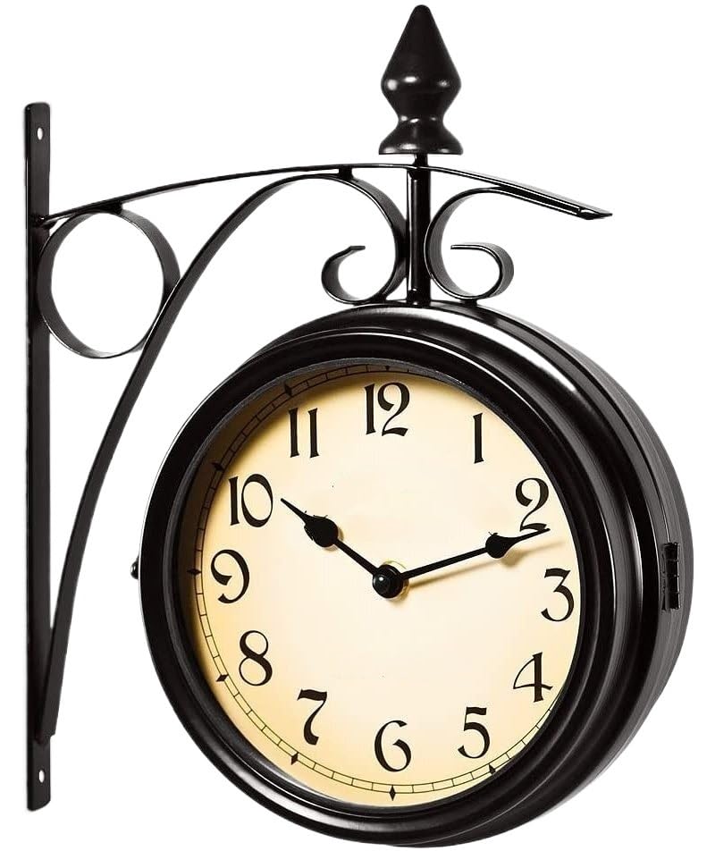 Horloge Exterieure Etanche Horloge Murale, Horloge de Jardin en Acier, Gare, d'extérieur fabriquée à la Main des Deux côtés(Balck)