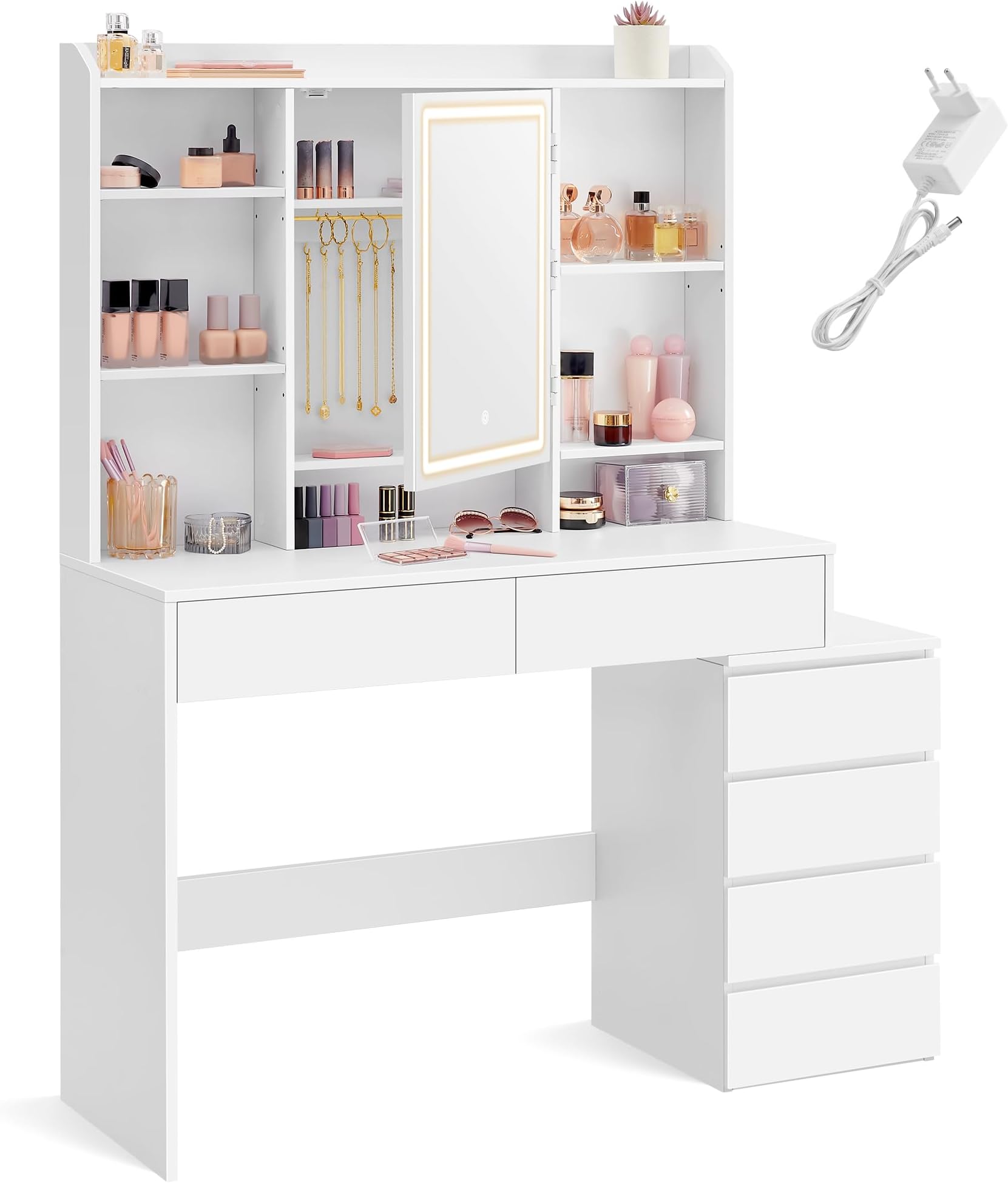 Rangement Coiffeuse Coiffeuse Avec Miroir Et Tabouret Ruben - Blanc Mat 60x142cm - Étagères Et Tiroir - Avec Guirlande LED Meuble Maquillage Rangement Tiroir étagère