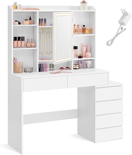 VASAGLE Dressing Table, Large Adjustable Brightness LED Mirror, Makeup Table with Mirror, Open Compartments, Adjustable Shelves, Modern, Cloud White RDT624W01