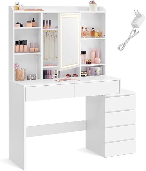 VASAGLE Dressing Table, Large Adjustable Brightness LED Mirror, Makeup Table with Mirror, Open Compartments, Adjustable Shelves, Modern, Cloud White RDT624W01
