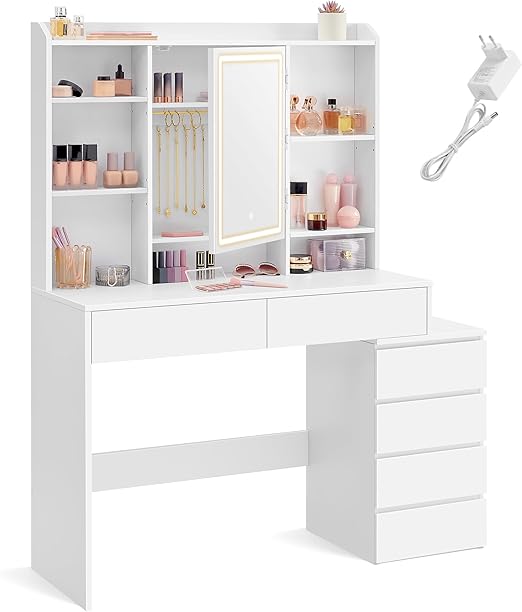 VASAGLE Dressing Table, Large Adjustable Brightness LED Mirror, Makeup Table with Mirror, Open Compartments, Adjustable Shelves, Modern, Cloud White RDT624W01