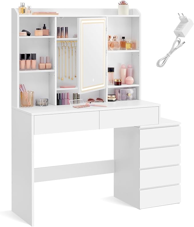 VASAGLE Dressing Table, Large Adjustable Brightness LED Mirror, Makeup Table with Mirror, Open Compartments, Adjustable Shelves, Modern, Cloud White RDT624W01