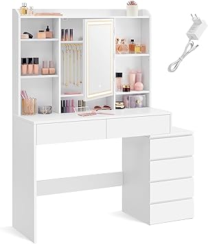 VASAGLE Dressing Table, Large Adjustable Brightness LED Mirror, Makeup Table with Mirror, Open Compartments, Adjustable Shelves, Modern, Cloud White RDT624W01