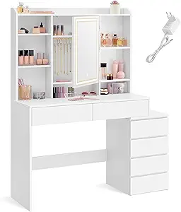 VASAGLE Dressing Table, Large Adjustable Brightness LED Mirror, Makeup Table with Mirror, Open Compartments, Adjustable Shelves, Modern, Cloud White RDT624W01