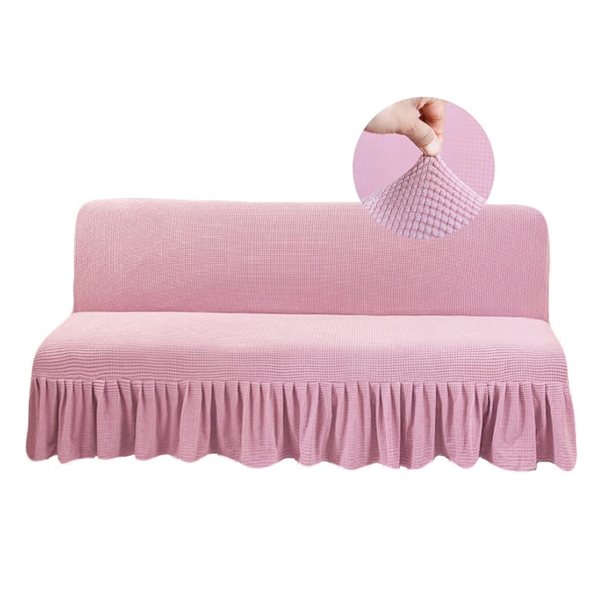 GIANCO FERRO Armless Stretch Futon Covers with Skirt Soft Jacquard Sofa Bed Cover with Elastic Bottom Machine Washable Stain Resistant (Pink, Medium (