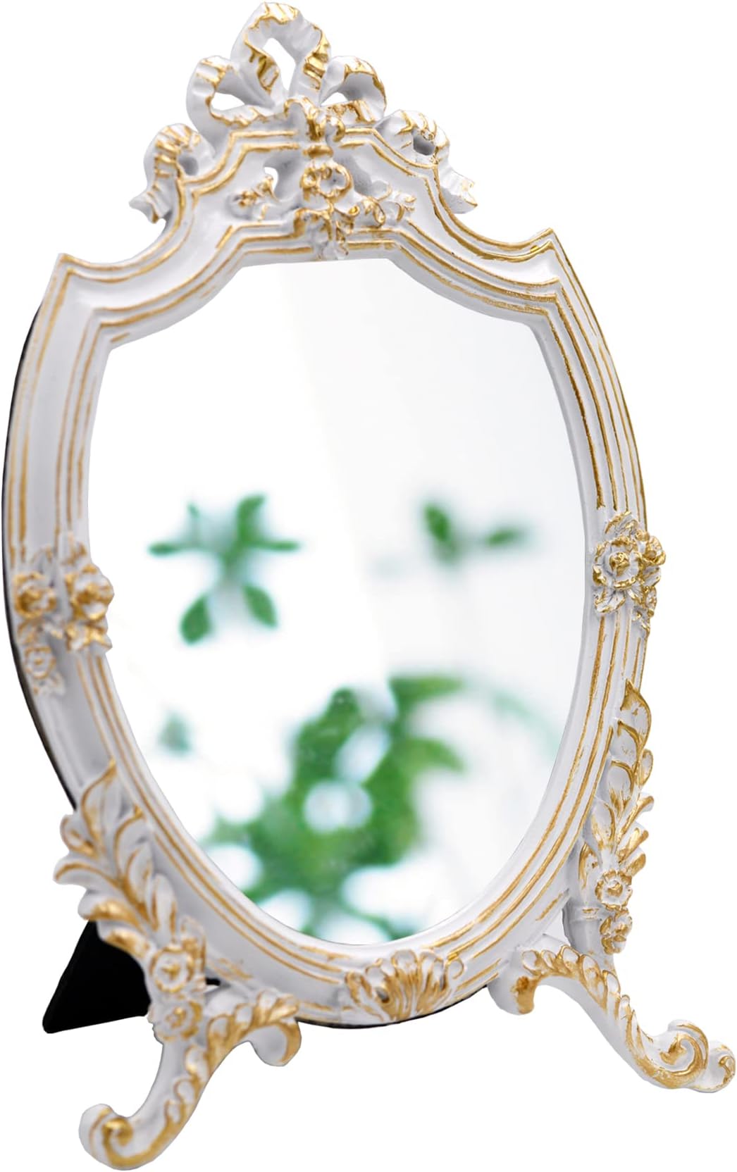 Eaoundm Resin Frame Decorative Wall Mirror Makeup Mirror Tabletop Mirrors, for Bedroom Living-Room Dresser Decor 8.2W x 13 L inchs (White)