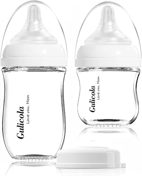 Gulicola Natural Glass Baby Bottle Newborn Set, 3 oz and 5 oz with Extra Slow Flow & Slow Flow Nipple, Anti Colic, 0-3 Months, 2 Pack - White
