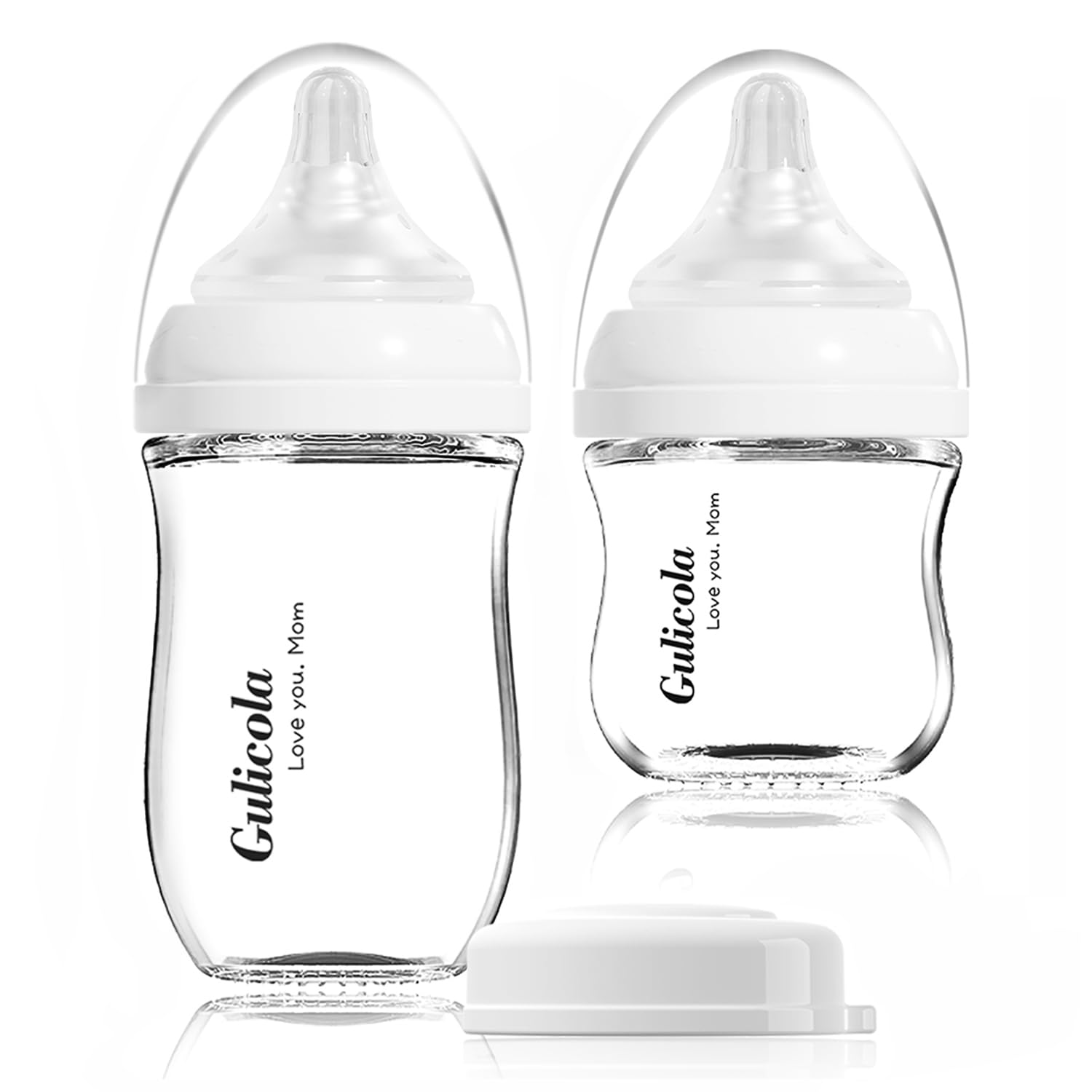 Gulicola Natural Glass Baby Bottle Newborn Set, 3 oz and 5 oz with Extra Slow Flow & Slow Flow Nipple, Anti Colic, 0-3 Months, 2 Pack - White