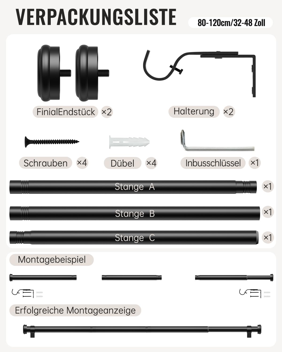 DEFYNEE Gordijnroede, zwart, 80-120 cm, gordijnroede, uittrekbaar, 25 mm diameter, met houder en eenvoudige eindkappen, voor slaapkamer, woonkamer
