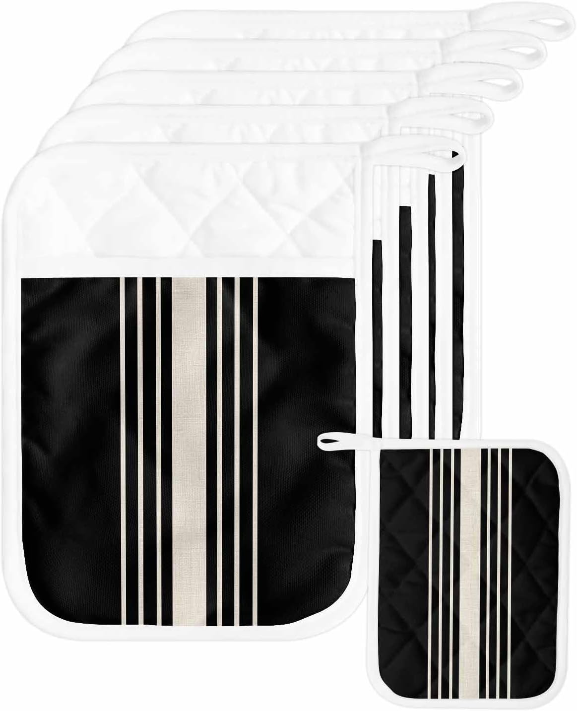 5 Pack Pot Holder with Pocket,Black Stripe Line Kitchen Potholders Heat Proof Non Slip Pot Holders Sets,Retro Linen Hot Pads Potholder for Cooking Baking BBQ
