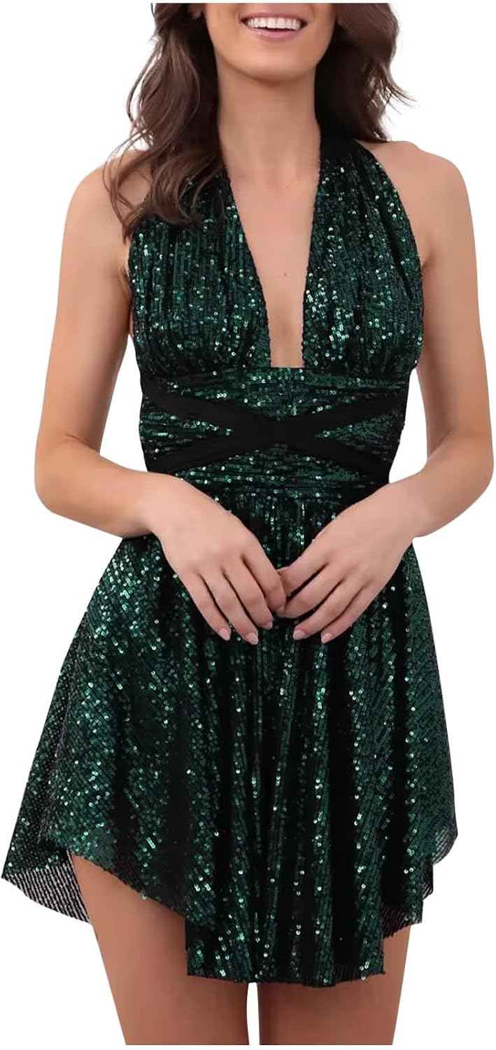 Women's Halter Neck Backless Party Dress Shimmer Sequin Mini Dresses | Sleeveless Sparkly Cocktail Dress for Women, Glitter Pleated Dance Dresses Prom Gowns