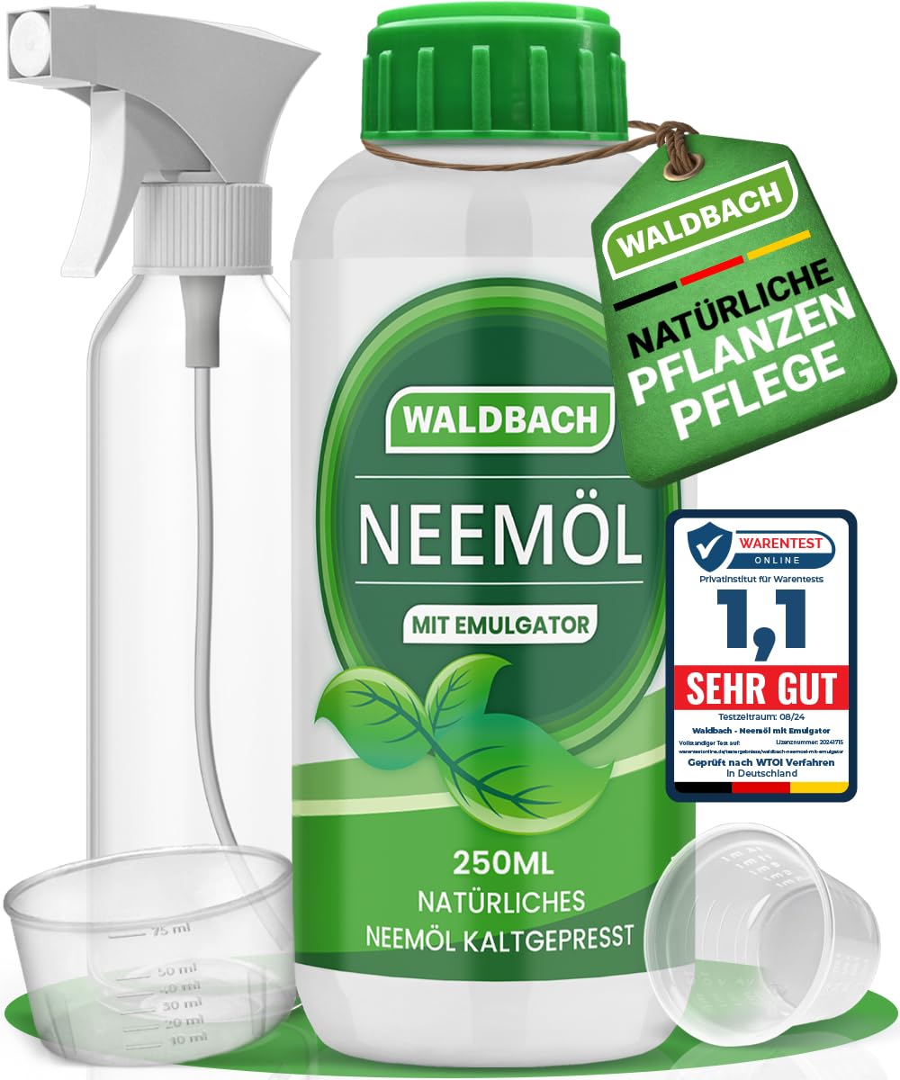 WALDBACH® Neemöl mit Emulgator [250ml] - Natürliches Neemöl für Pflanzen mit Sprühflasche und Messbecher - 25 Liter sprühfertige Mischung - Effektive Pflanzenpflege für Garten- & Zimmerpflanzen