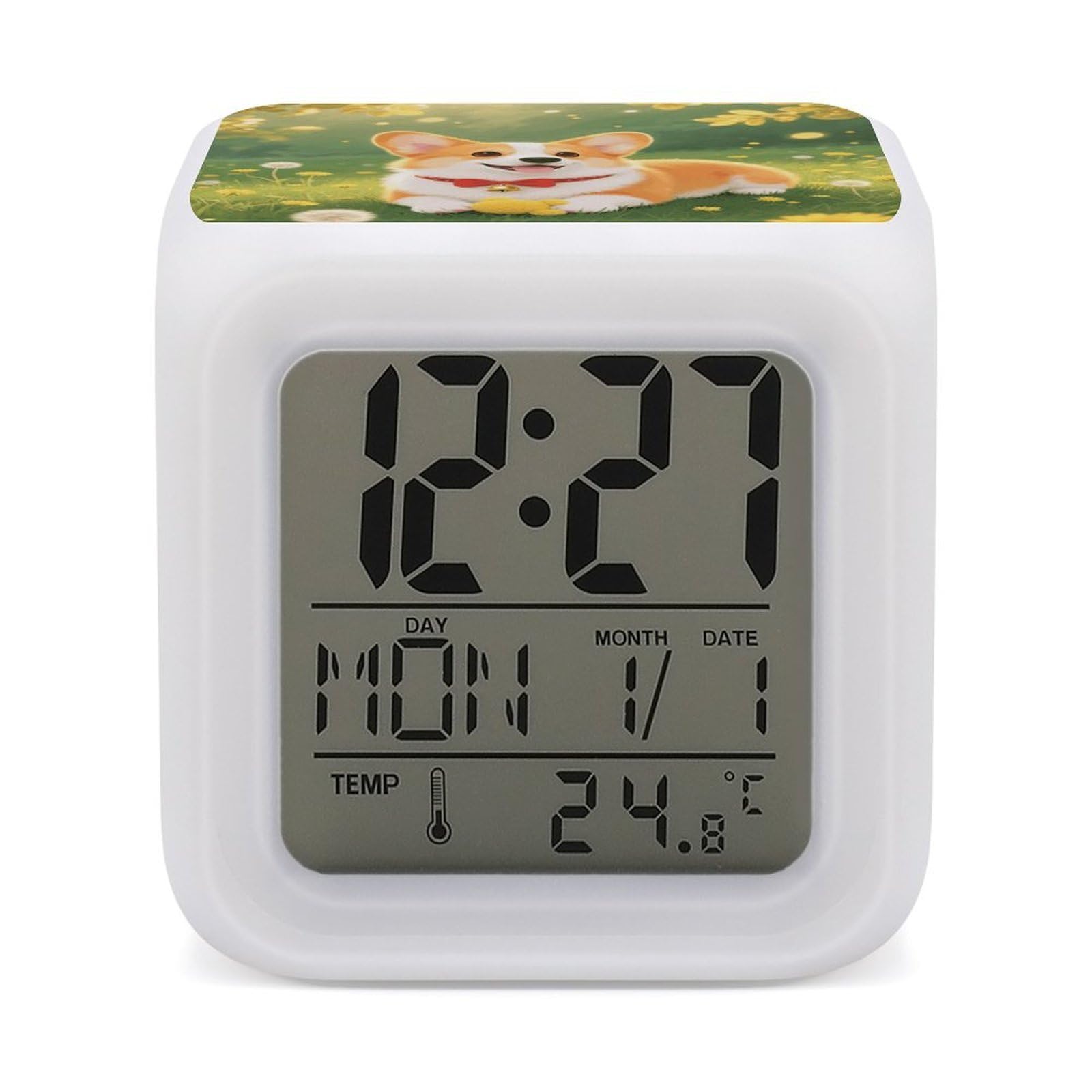 FodPand 7 Color Ambient Night Light Cube Battery Operated Corgi Digital Clock with Snooze Temperature LED Digital Alarm Clocks Dimmable Wake Up Light Portable Mood Lamp for Bedroom Desk Gift