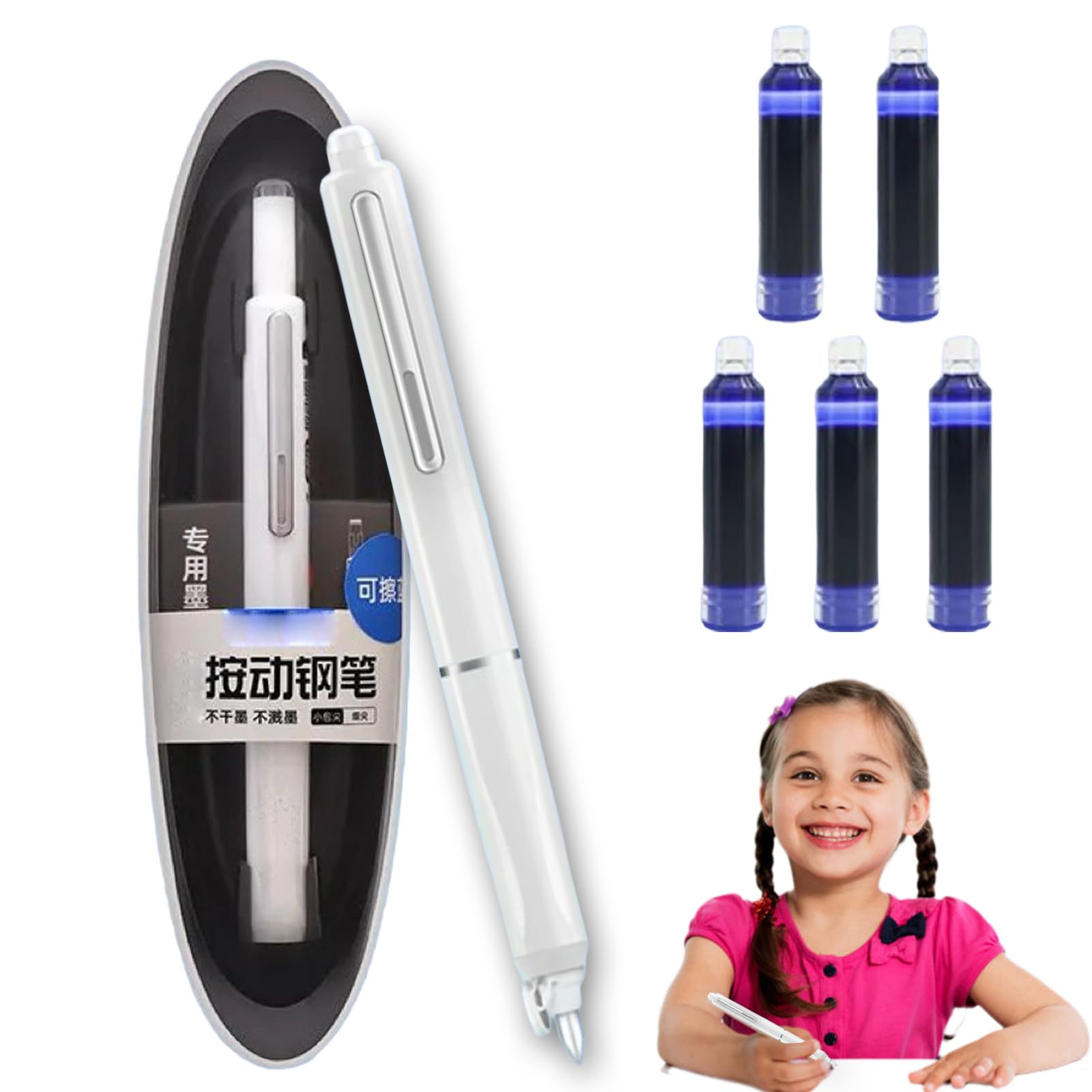Fountain Pen Retractable:0.38mm Blue&black Ink Transparent Barrel Includes 5 Refillable Ink Cartridg, Smooth Writing No Leaking Gift Set for Calligraphy Journaling Doodling (White)