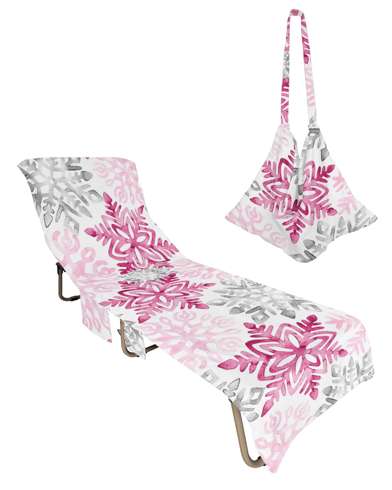 Christmas Beach Chair Towel Covers for Chaise Lounge with Side Pocket, Soft Plush Pool Towels Cover for Patio Sunbathing Outdoor 29''x85'' Blush Pink Grey Winter Snowflake