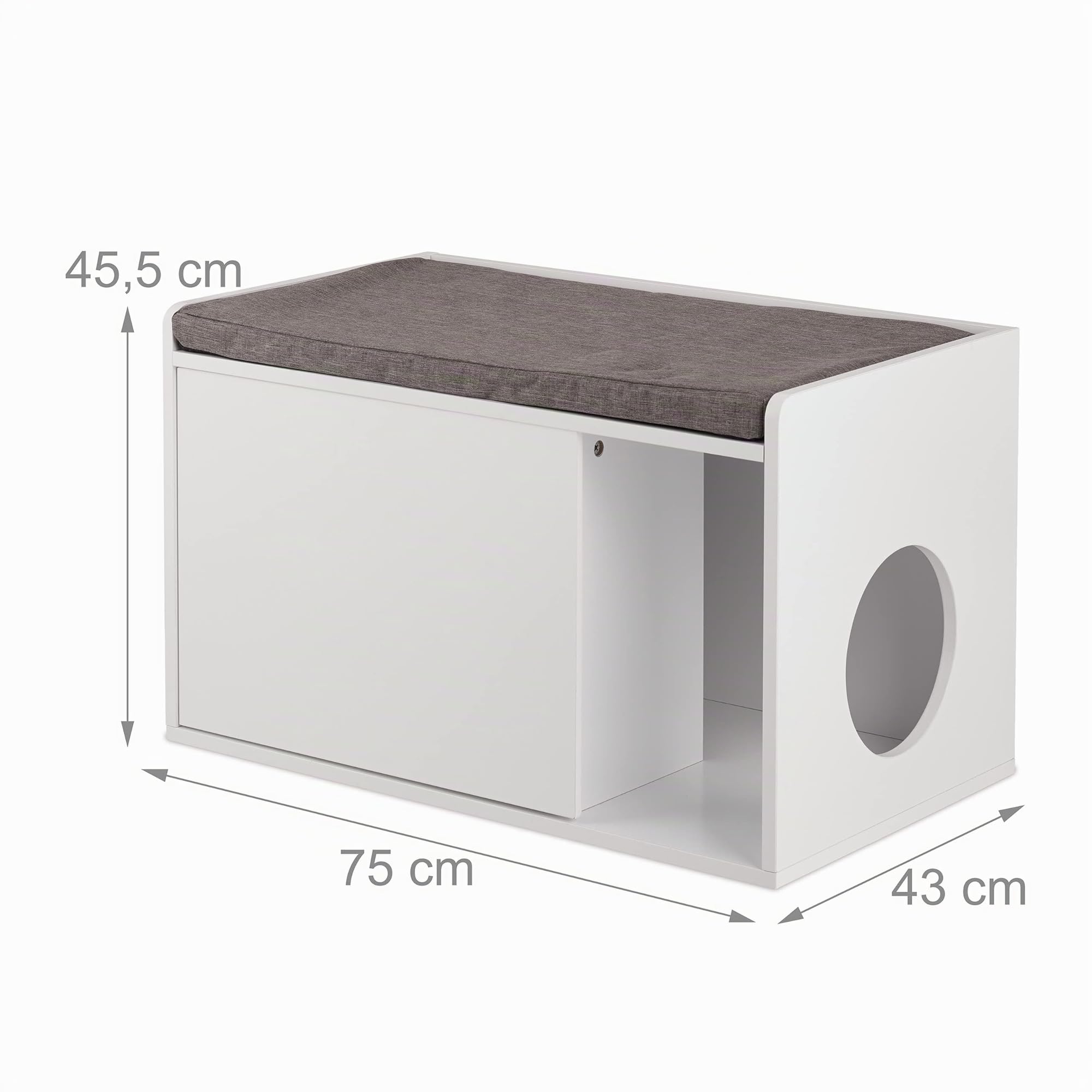 Relaxdays Mueble Arenero Gatos Asiento, 2 en 1, Cómoda Felinos con Banco, 45,5 x 75 x 43 cm, Baño Gatitos, Blanco y Gris