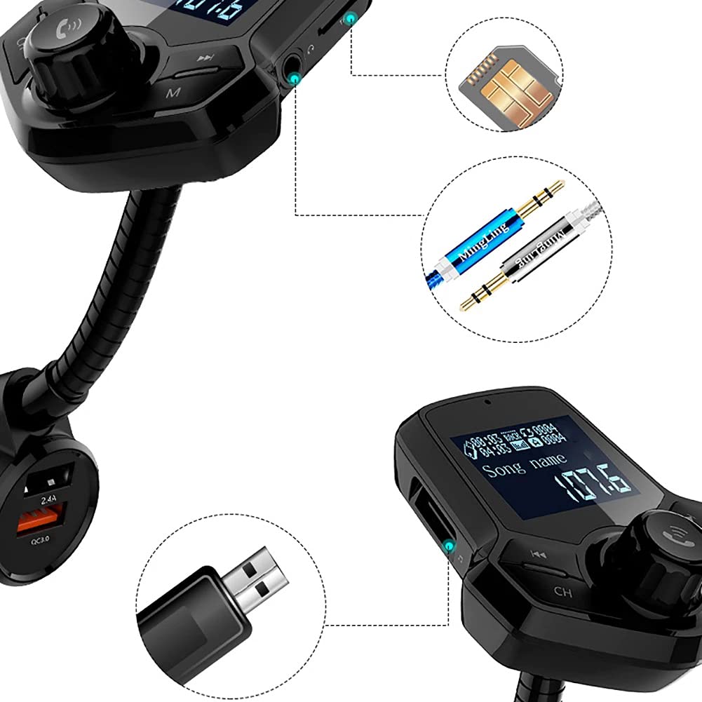 Bluetooth Car FM Transmitter, Wireless Audio Adapter Receiver with QC3.0 and Smart 2.4A Dual USB Ports Supports AUX Input/Output, TF Card Mp3 Player