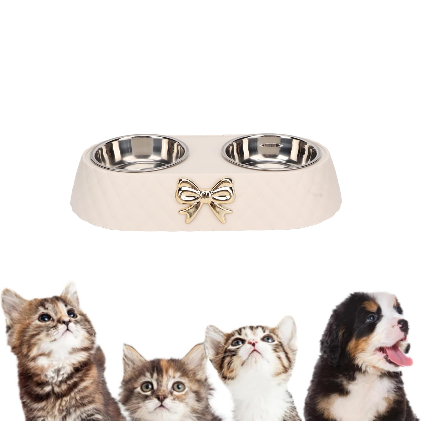Qcwwy Double Dog Bowls, Cat Food Water Bowls with PP Material Base Prevent for Puppy Small Medium Dogs 2 Stainless Steel Dog Bowl with Non Slip Holder Bowknot Decor (Beige)