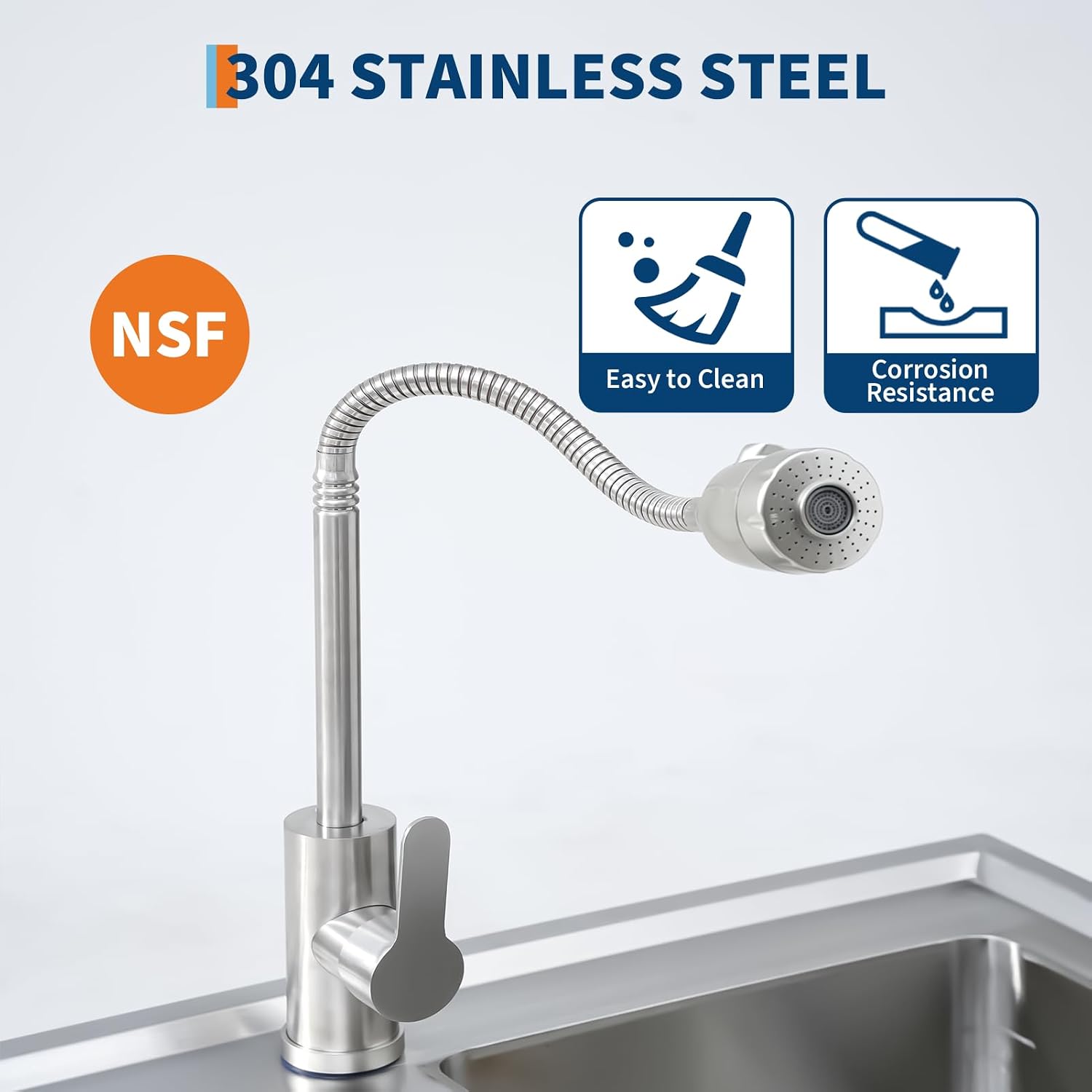 Diagram showing 360-degree hot and cold water faucet, sink drain, and adjustable feet
