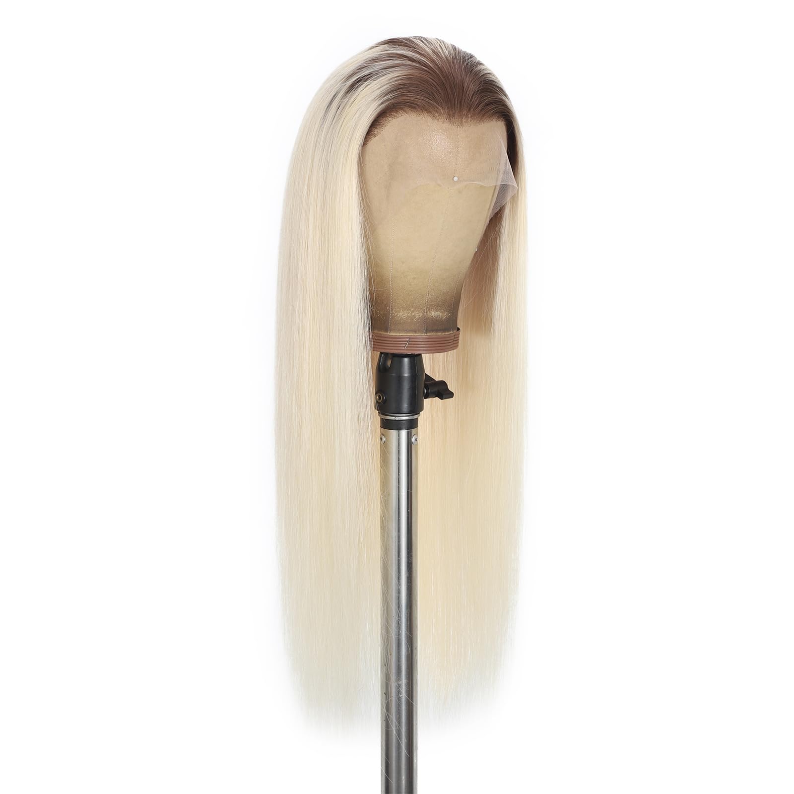 Peruka z prawdziwych włosów ombre, jasny blond dla kobiet, bezklejowa, koronkowa peruka (13 x 6), 100% ludzkie włosy Remy, ciemne wzory, 55 cm