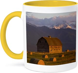 3dRose Old barn, hay bales, Mission Mountain Range, Montana - US27 CHA1117 - Chuck Haney 15oz Two-Tone Yellow Mug