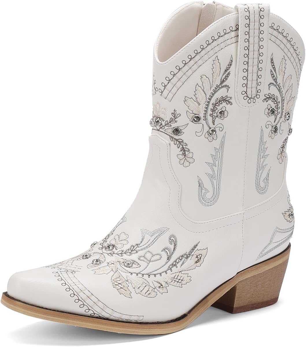 Rhinestone Ankle Cowboy Boots for Women Embroidered Short Cowgirl Boots with Low Heel Side Zipper Comfortable Chunky Heel Western Booties for Prom Party Wedding Pull On Shoes